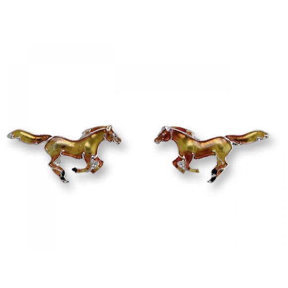 Zarah Jewelry - Zarah Galloping Horse Stud Earrings Sterling Silver-Plated Brown Stallion Pony